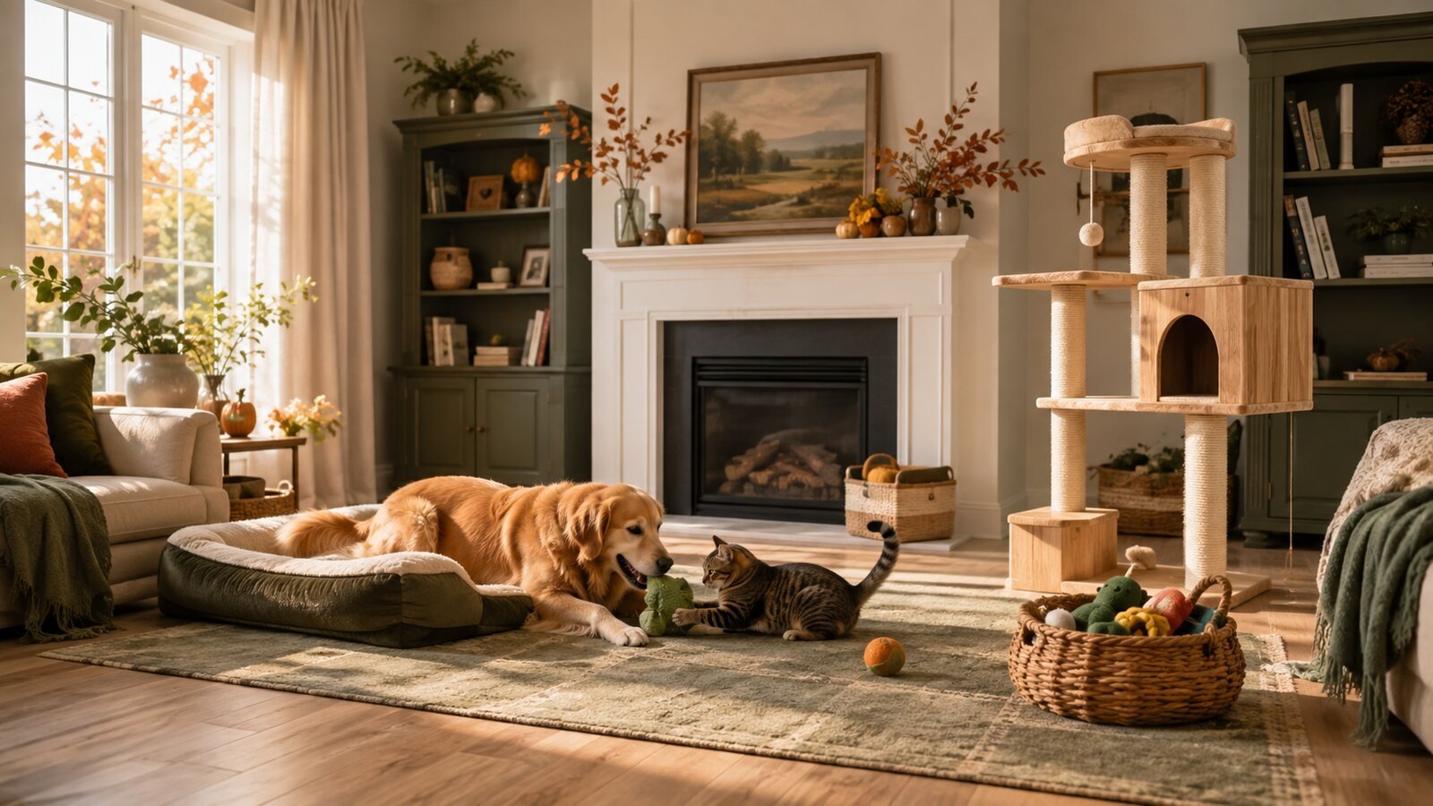 A golden retriever and tabby cat enjoying premium pet comforts together in an elegant home